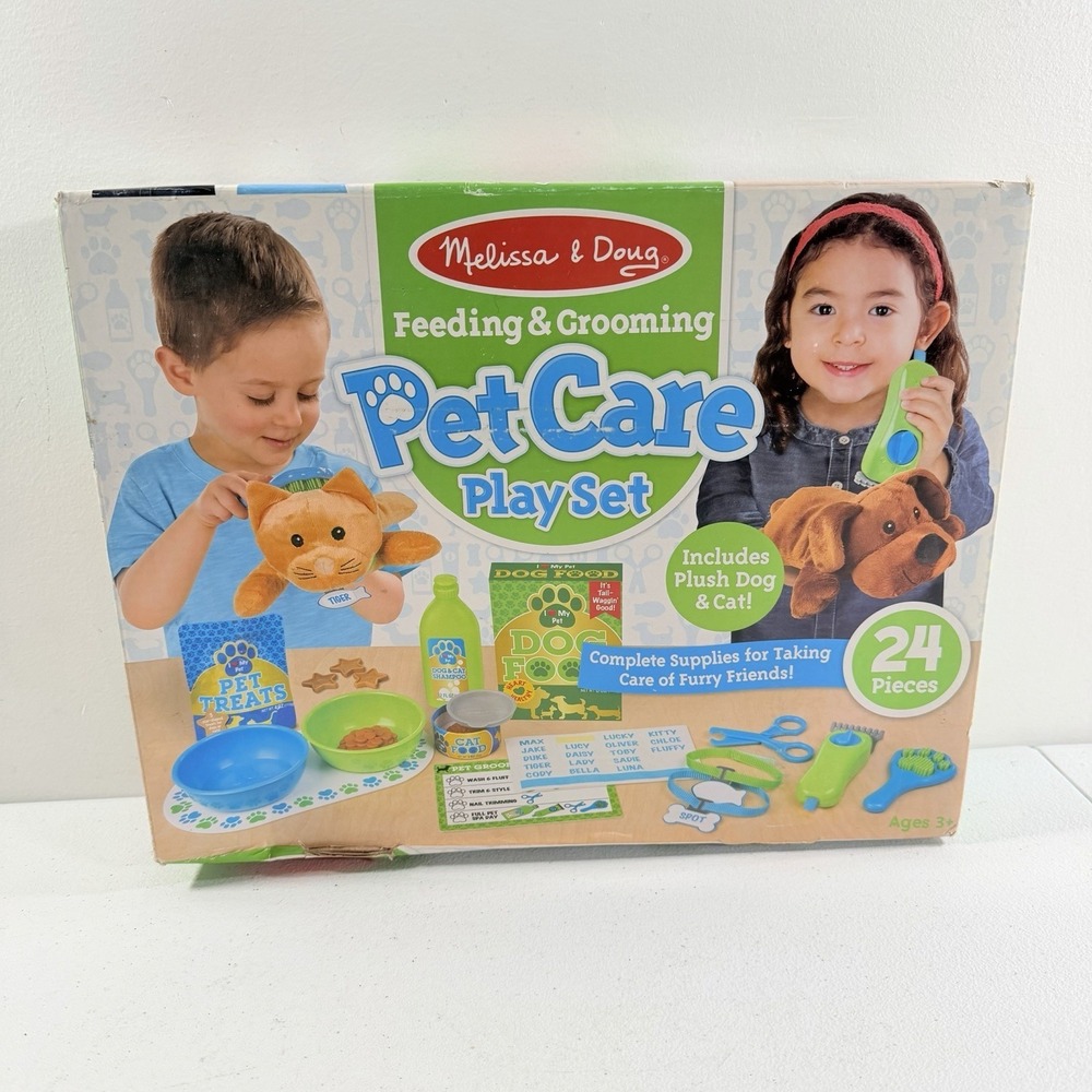 Melissa & Doug Feeding Grooming Pet Care Play Set Plush Cat Dog 24p Toddler Toy